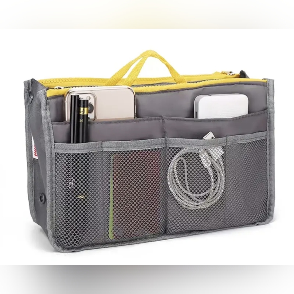 NWT bag organizer/insert grey/yellow top zip pockets & handles both sides, mesh